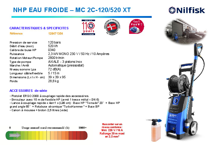 Nettoyeur Haute Pression Nilfisk 120 Bars MC 2C-120/520 XT EU